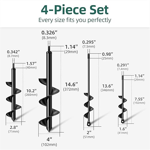 4Pcs Auger Drill Bit for Planting, 4 Common Sizes Heavy Duty Steel 3/8 Hex Drive Drill Auger for Post Holes Digger, Earth & Lawn Augering, Planting Bulbs & Trees