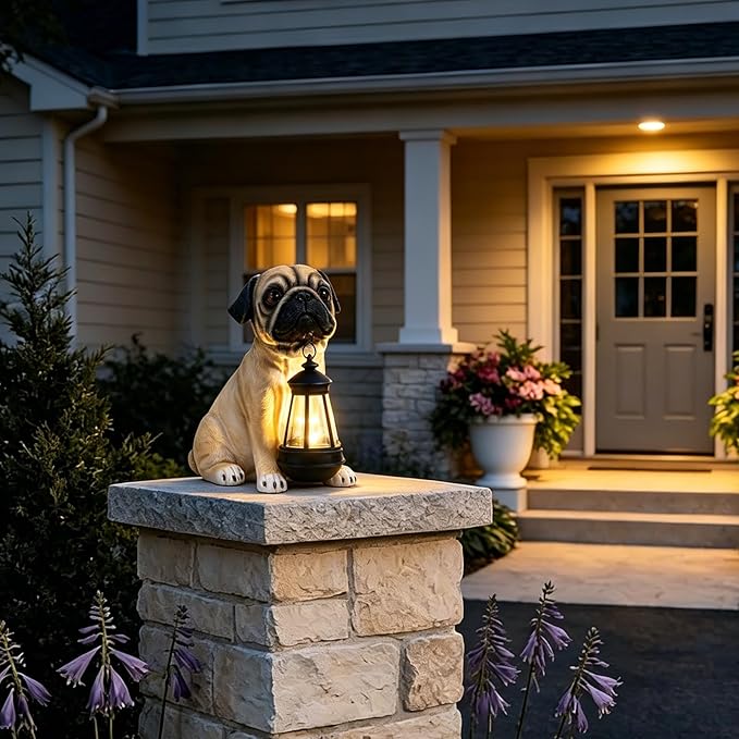 Garden Dog Statues Outdoor Decor, Solar Lights Outdoor Pug Figurines Solar Dog Ornaments for Patio, Lawn, Yard Art Decoration, Housewarming Garden Gifts for Mom