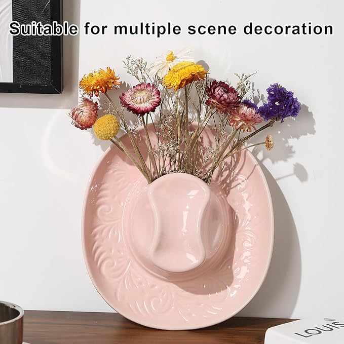 Hanging Wall Planters for Indoor Plants, Wall Vases for Flowers, Ceramic Cowboy Hat Vases for Decor, for Bathroom, Living Room, Office, and Home Decor.Light Pink