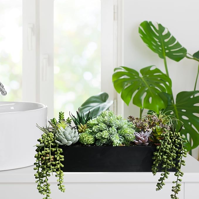 Winlyn 15" Artificial Succulents Arrangement Faux Succulents in Rectangular Black Wooden Planter Box Faux Potted Succulents Plant Garden for Gifts Home Table Centerpiece Mantel Greenery Décor
