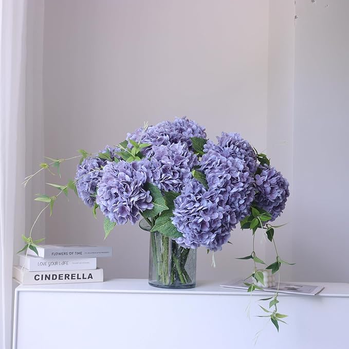 Buart 4PCS Long Stem Big Size Flowers Artificial Silk Hydrangea Lifelike Flowers Real Touch Purple Artificial Flowers Wedding Shower Bride Bouquets Office Living Room Table Decorations (21 Inch)