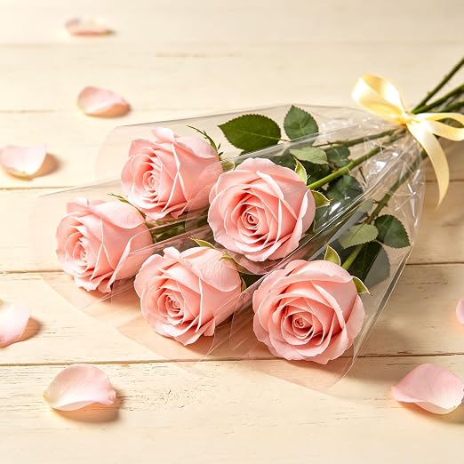baotongle 50pcs Single Rose Sleeves with 50pcs Floral Water Tubes and Ribbons Single Flower Bags Plastic Flower Wrap for Mother's Day Wedding Birthday Supplies