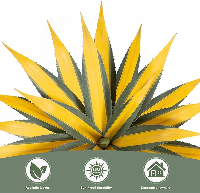 Artificial Green Edged Gold Leaf Spiny Agave Plant with 23 Leaves, 19.68in Faux Agave for Indoor & Outdoor Home Decor Perfect for Porch Living Room Bedroom Patio & Office
