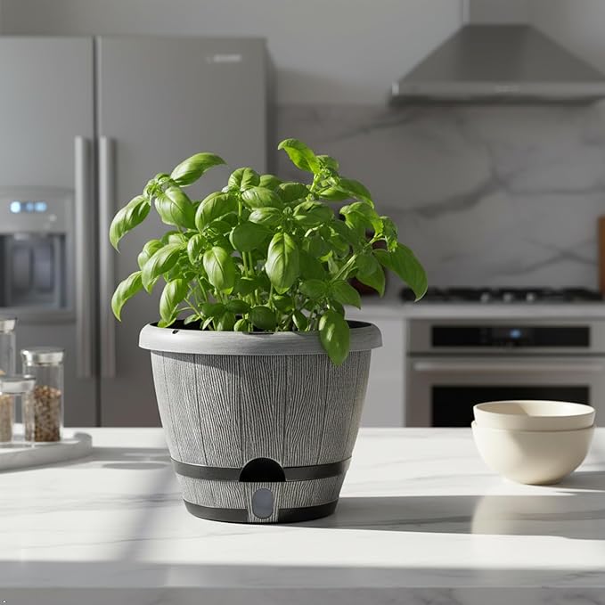 Sun-E Whiskey Barrel Self Watering Planters 10 Inch 3Pack with Water Level Window, Drainage Holes, Saucers & Plant Tags-Gray Imitation Wood Grain Pots for House Plants,Plants&Decor Not Included