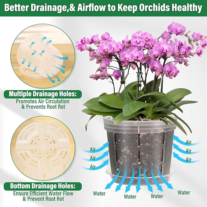 12 Pack Plastic Orchid Pots with Holes, 4, 5, 6 Inch Clear Orchid Pots for Repotting with Saucers Drainage and Plant Stakes, Large Small Breathable Orchids Planter Plant Pot