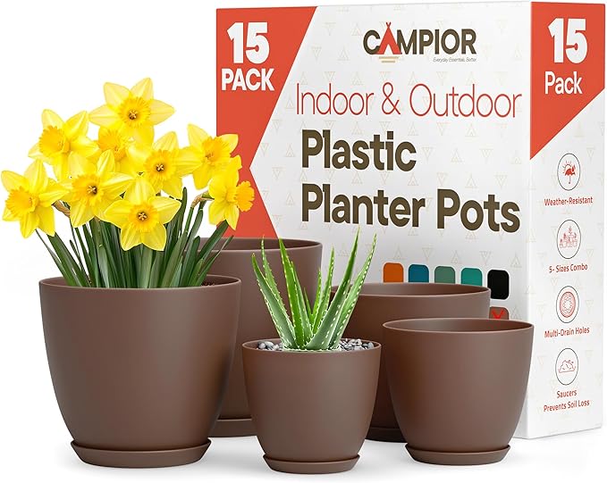 Planter Pots with Drainage Holes - Lightweight, Durable & Space-Saving Pots for Indoor and Outdoor - Versatile Functionality, Simple Modern Design, Set of 15 Plastic Planter Pots - Brown