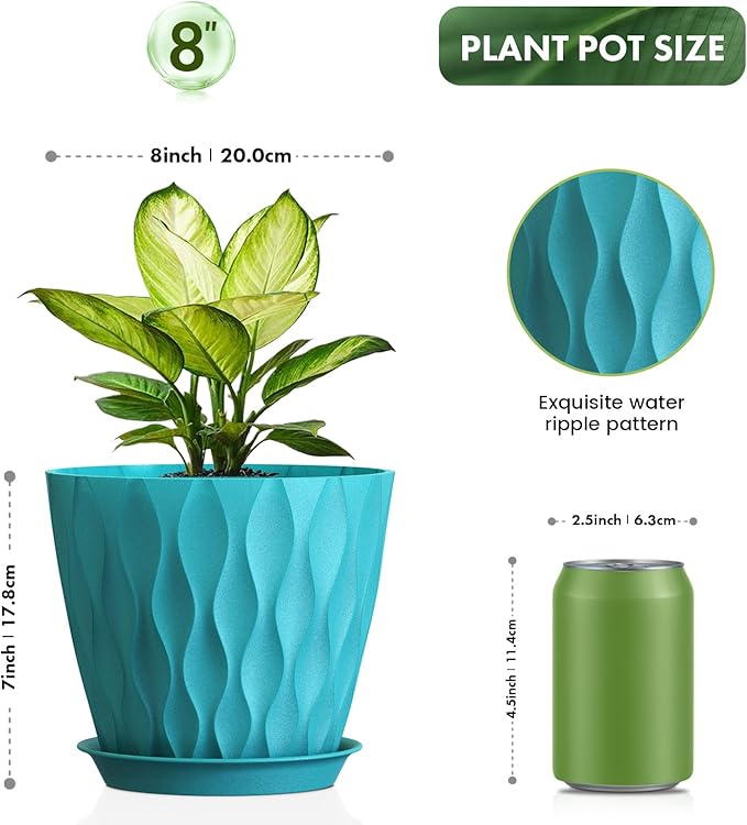 UOUZ 8 Inch Plant Pots, 4 Pack Plastic Planters for Indoor Outdoor with Drainage Holes & Saucers, Waffle Texture Flower Pots for Indoor Plants, Indoor Plant Pots for Monstera, Fiddle Leaf Fig Colorful