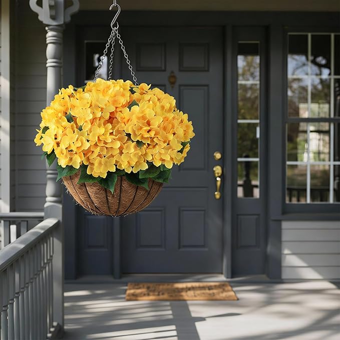 FOTEEWL 8 Bundles Artificial Hydrangea Flowers for Outdoor Decor, Realistic Faux Silk Bouquets Sun-Resistant Fake Plants for Front Door Balcony Farmhouse Garden Home Spring Summer Decor (Yellow)