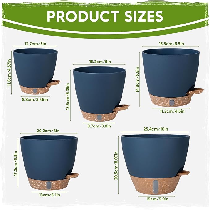 Self-Watering Pots for Indoor Plants with Visible Water Window,5/6/6.5/8/10 Inch Outdoor Flower Pots with Drainage Holes & Reservoir for Patio, Home Decor (Blue)