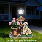 Animal Outdoor Statue Planter Solar Light Welcome Garden Sculpture Resin Flower Pot Decorative Porch Patio Yard Lawn Entryway Figurine with LED Lamp Rustic Plant Holder Ornament Courtyard (M)