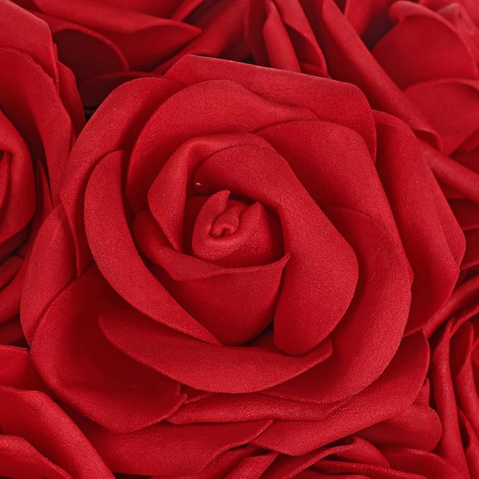 Hollyone 2Pcs Red Roses Artificial Flowers in Vase Small Silk Fake Rose Bouquet Flowers Floral Arrangements with Glass Vase with Faux Water for Home Bathroom Office Table Centerpiece Decorations