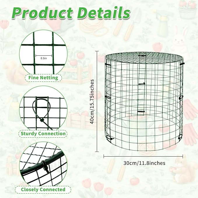 6 Pack Dark Green Plant Protectors, 11.8×15.7in Round Garden Fence Cages with Lid, Keep Rabbits, Squirrels & Pets Away, Includes Stakes, Zip Ties & Gloves for Easy Setup