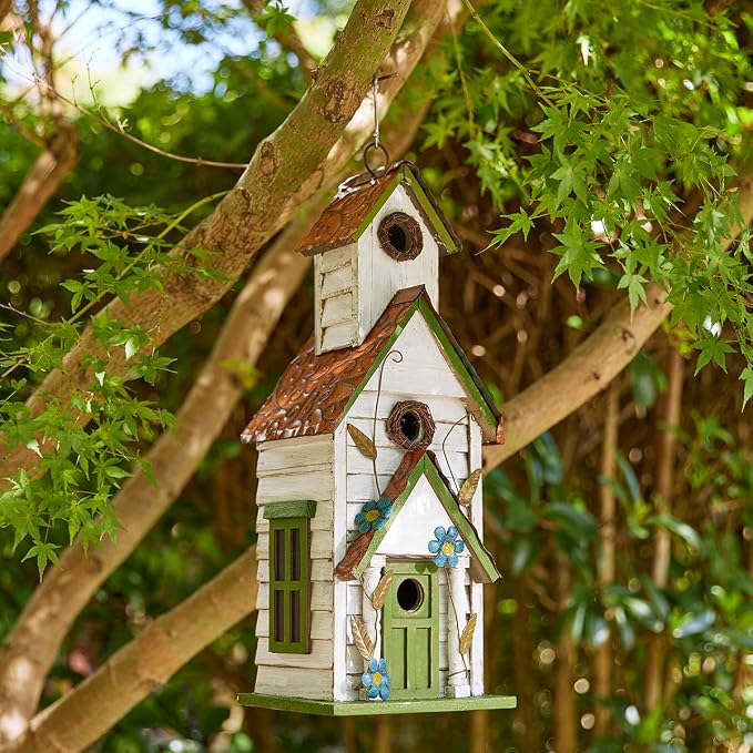 Glitzhome Hanging Birdhouse for Outside, Oversized Solid Wood 3-Story Villa Bird House, 20" H Distressed Pet Cottage Decorative Birdhouse for Outdoor Patio Garden