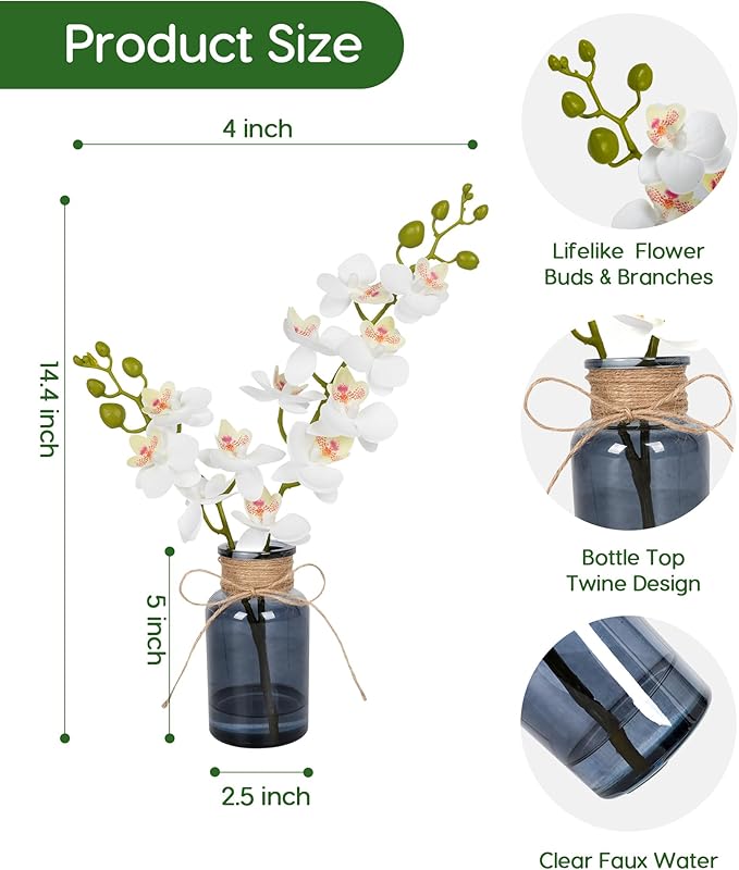 Velener Fake Orchid in Vase with Faux Water, Fake Plants White Orchid Artificial Flowers for Home Decor, Office Kitchen Bathroom Farmhouse Living Room Coffee Table Faux Centerpieces for Tables