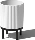 Veradek Demi Series Round Planter w/ Stand for Porch/Patio | Durable Plastic-Concrete & Wooden Stand | Modern Décor for Tall Plants, Flowers