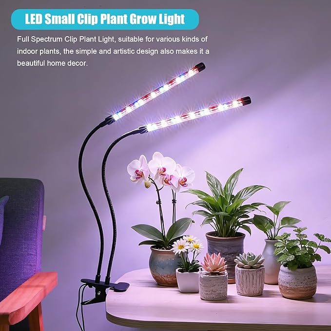 Grow Light for Indoor Plant, Full Spectrum Clip Plant Lamp with Red, Blue, White Light, Plant Growing Light with Adjustable Gooseneck, 4/8/12/18H Timer, 10 Brightness Levels, 3 Lighting Modes, 2 Pack
