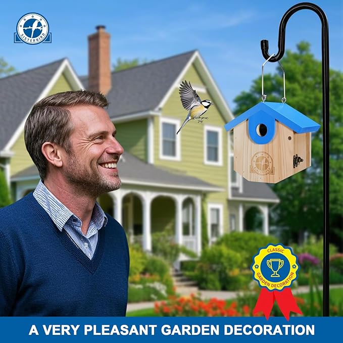 SISTERBIRD Wren Bird Houses for Outside Cedar Hanging Birdhouses for Outdoors 1-1/8" Entrance Hole Bird Houses for Outside Clearance Wooden Nesting Box Chickadee Predator Guard, Blue