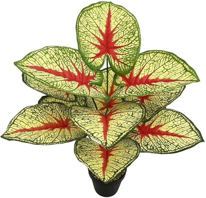 Artificial Caladium Plant with Red and Green Leaves, Red Leaf Artificial Plants Decoration Simulated Bonsai Potted Decor Home Room Party Wedding Office Floor (Yellow(No Flowerpot), 60cm)