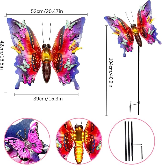 ANGMLN Solar Garden Lights, Outdoor Butterfly Garden Decor Large 41" Metal Decorative Lights, Waterproof Butterfly Outside Decoration Patio Yard Porch Birthday Gardening Gifts for Mom Women, Purple