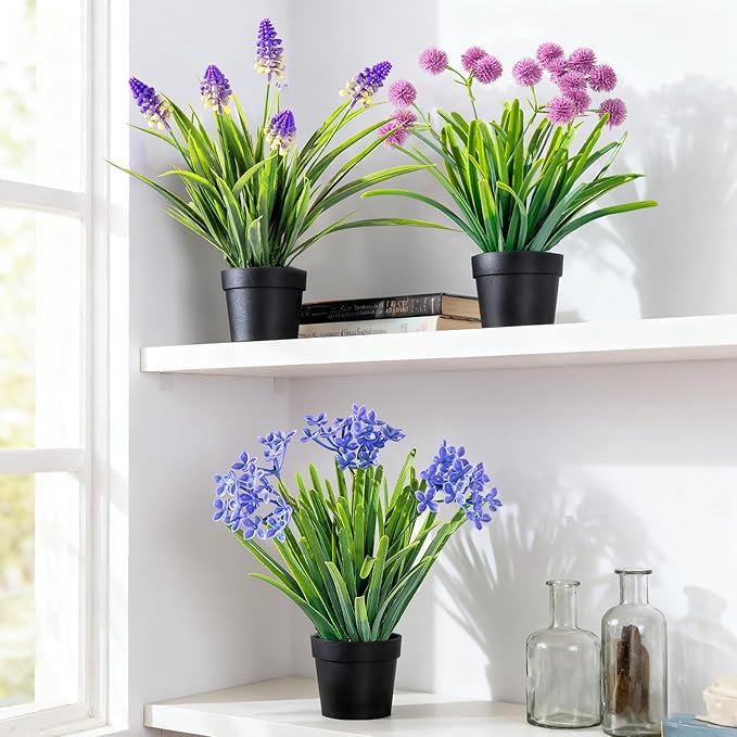 3 Pack Fake Small Plant Artificial Potted Flowers for Home Decor Fake Flower Plant Greenery Mini Faux Plant for Indoor Bedroom Living Room Office Shelf Bathroom Farmhouse Decor (Type 6)