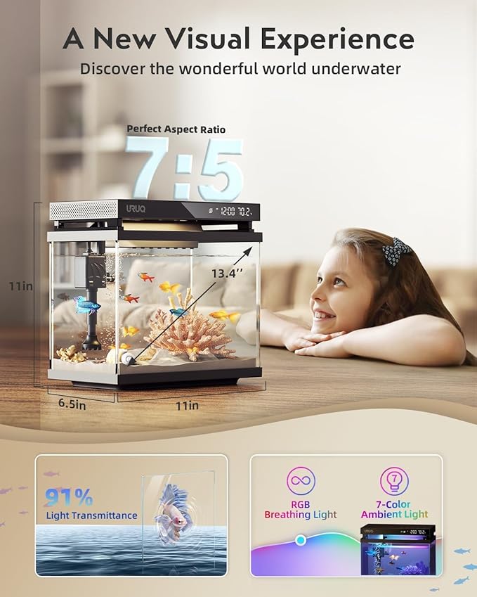 Fish Tank Smart Aquarium Kit: 2 Gallon UHD Glass Silent Water Pump Self Cleaning Multi-Layer Filtration System - Temperature Sensing 7-Color Lighting for Small Fish Betta Room Desktop Decor - Black