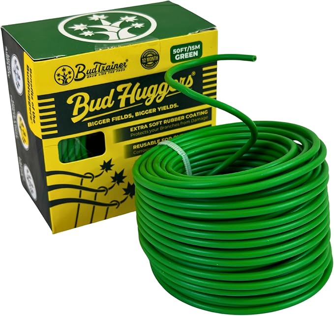 BudHuggers (Green) for Optimal Plant Training | 50ft (15M) | 3mm Thick Garden Wire Ties | Flexible & Durable | Rubber Plant Ties to Yield Bigger Buds, Stronger Branches & Larger Canopies