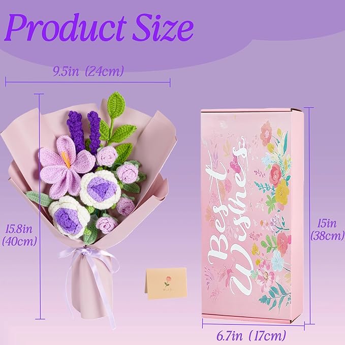 Crochet Flower Bouquet Handmade Crochet Flowers Knitted Tulips Rose Bouquet for Valentines Birthday Party Home Decor Wedding for Women Lover Friends Daughter(Purple)