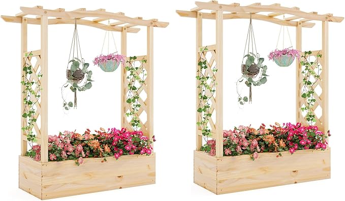 HAPPYGRILL Raised Garden Bed with Trellis, 2 Wood Planter Box w/Hanging Roof, Drainage System, Elevated Garden Box for Climbing Vine, Outdoor Planter w/Trellis for Patio Balcony, 44" x 14" x 45"