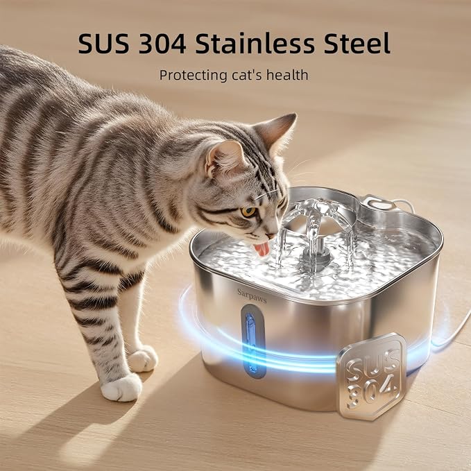 SARPAWS Cat Water Fountain Stainless Steel：74oz/2.2L Water Fountains for Cats Indoor, Cat Fountains for Drinking, Ultra-Quiet, Water Level Window, Pet Water Fountain - 2 Filters + 2 Sponges
