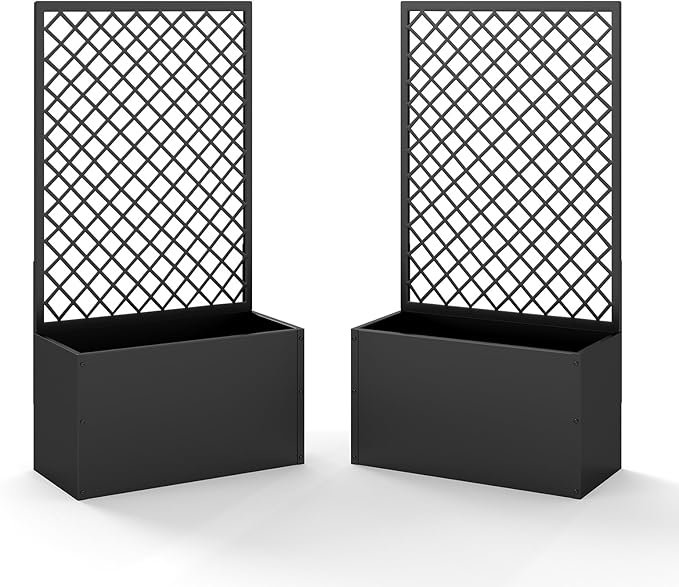 MOTION 2 Pcs Outdoor Raised Garden Bed with Trellis - Free Standing Planter for Hanging Flower Baskets Lattice Planter Boxes, Black