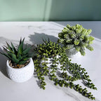 Winlyn 3 Pcs Assorted Small Potted Succulent Plants Artificial Aloe Hanging Succulent in White Geometric Concrete Ceramic Pots for Gift Party Wedding Favors Windowsill Table Shelf Indoor Outdoor Decor