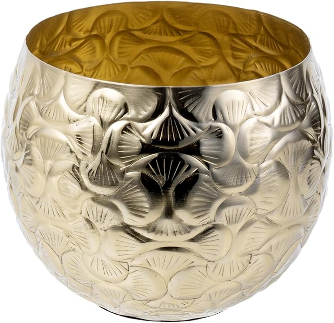 MyGift 5.5 inch Vintage Style Brass Tone Metal Embossed Ginkgo Leaf Design Planter Pot Bowl for Indoor Plants - Handcrafted in India