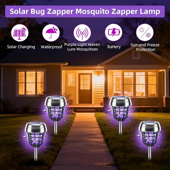 2026 Solar Bug Zapper Outdoor Waterproof Mosquito Repellent Outdoor Patio Mosquito Trap & Killer for Backyard, Farm, Garden, Solar Powered Fly Zapper for Small Flying Insect, Flies, Gnats, Moths(4)