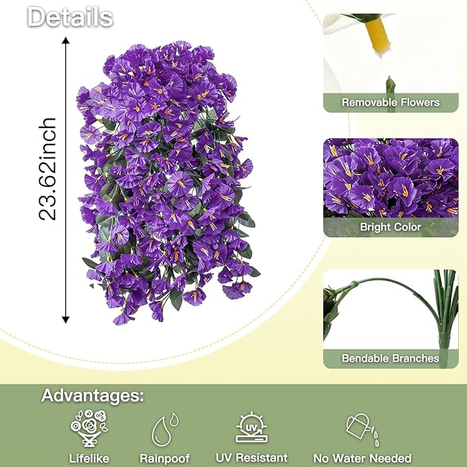Artificial Flowers for Outdoors Fake Purple Morning Glory Hanging Flower Decoration, 2Pcs Realistic Faux Plants Petunias Long Trailing Vines,Spring Decor for Porch Patio Balcony Planter Yard