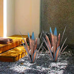 Jesokiibo 2pcs Tequila Sculpture Metal Agave Plant Home Decor Rustic Hand Painted Figurines Yard Decorations Lawn Ornaments（Multi-Color LED Solar Light Green） (Blue)