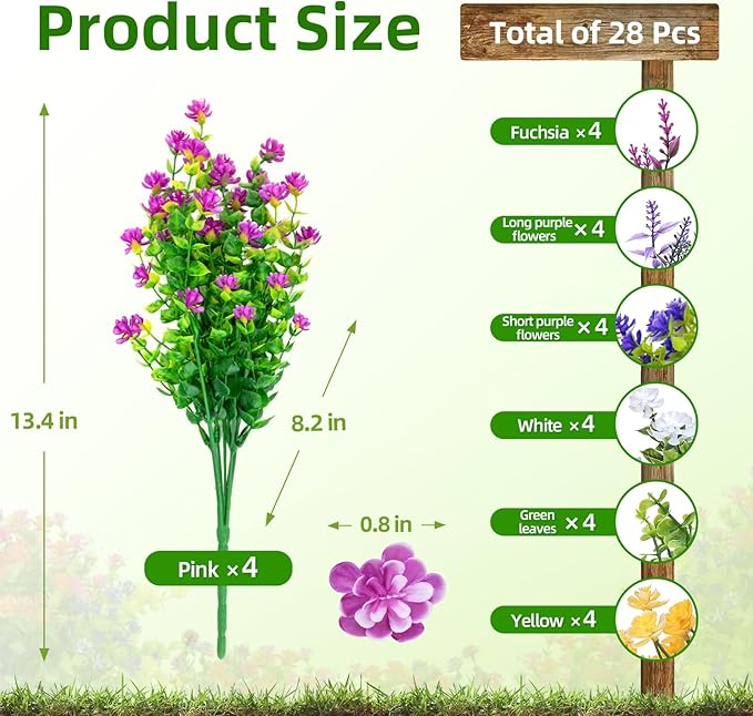 CLEANGOR 28 Bundles Artificial Flowers for Outdoors, UV Resistant Artificial Outdoor Plants, Faux Plants for Spring Summer Garden, Porch, Window Box, Hanging Planters, Home Wedding Farmhouse (Mix)