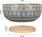 8 Inch Ceramic Succulent Planter Pots with Drainage Hole Flower Pot for Indoor Plants Round Shallow Bonsai Pot with Bamboo Tray Blue