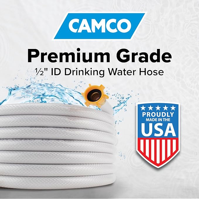Camco TastePURE 50-Ft Water Hose - RV Drinking Water Hose Contains No Lead, No BPA & No Phthalate - Features Reinforced Design & Crafted of PVC - 1/2” Inside Diameter, Made in the USA (22753)
