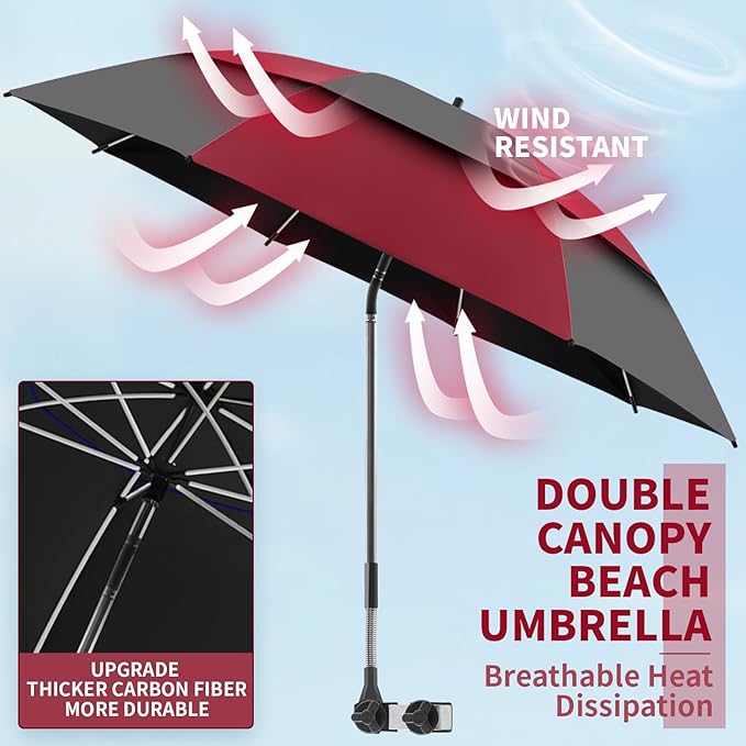 2 Pack 48.6" Double Canopy Beach Umbrella with Clamp, UPF50+ Beach Chair Umbrella with clip, 360°Adjustable Portable Outdoor(Wine Red/Grey, Not Include Chair)