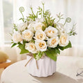 Artificial Flowers Fake Roses with Small Ceramic Vase - Desktop Decoration for Dining Tables, Living Rooms, Bedrooms, Offices for Weddings, Birthdays, Home Decor (White)