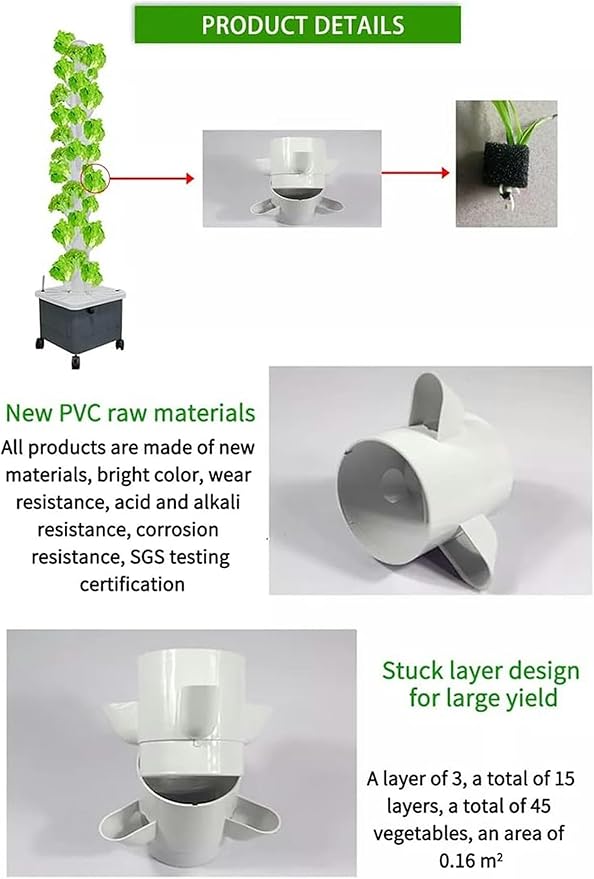 FLTRGO Hydroponics Tower with Light Stand, 45 Holes Aquaponics Grow System, 15 Floors Garden Tower Aeroponics Growing Kit for Herbs, Fruits and Vegetables, Automatic Planting