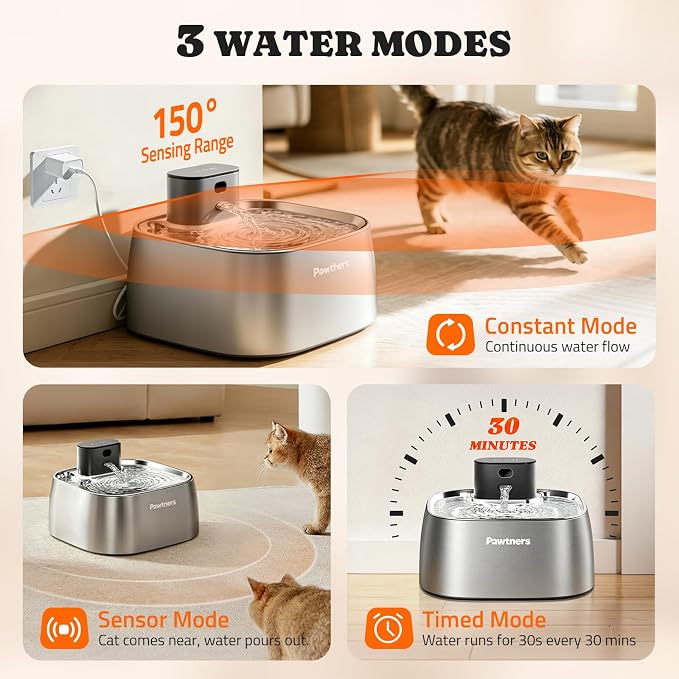 Pumpless Cat Water Fountain Stainless Steel, Automatic Cordless Cats and Dogs Water Dispenser 108oz/3.2L, Pawtners Pet Fountain with Smart Indicator &150° Motion Sensor