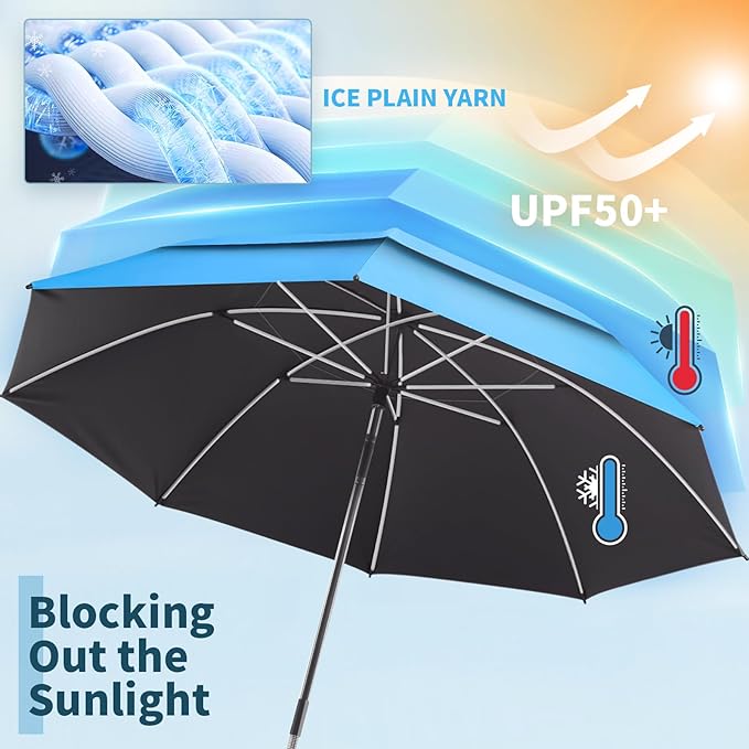 48.6" Double Canopy Beach Umbrella with Clamp, UPF50+ Beach Chair Umbrella with clip, 360°Adjustable Portable Outdoor Wheelchair, Patio, Golf Carts,Camping(Sky/Blue)