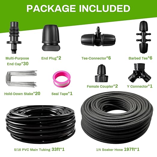 Upgraded 230FT Drip Irrigation System with 1/4" Soaker Hose -Weeping Technology for Deeper Root Watering,Garden Watering System for Raised Beds, Greenhouse, Lawn - Save 70% Water