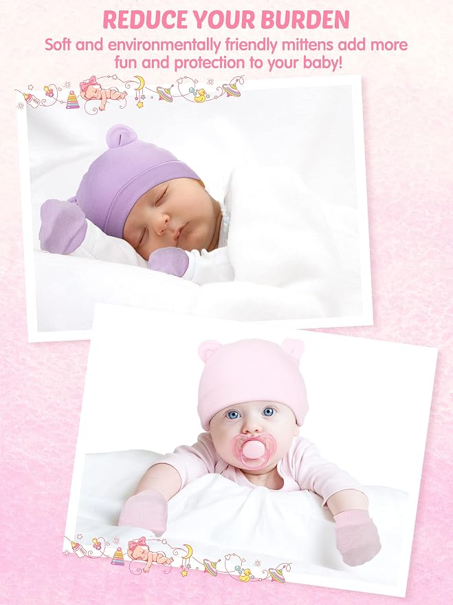 Geyoga 12 Pieces Newborn Hat Mittens Gloves Set Baby Boys Girls Cotton Baby Beanie for 0-12 Months