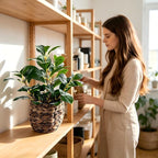 Artificial Vibrant Plants 14.2 inches Tall Fake Outdoor Greenery Plants with Ficus Leaves in Brown Rattan Planter for Indoor Home Office Garden Modern Decoration Ideal Housewarming Gift