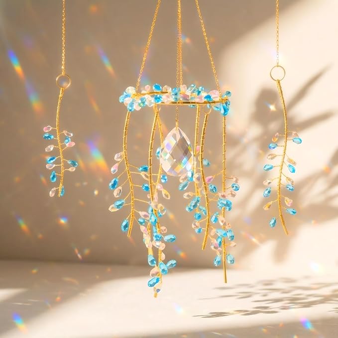 3 Pack Crystal Suncatchers for Window Boho Decor— Blue Plant Inspired Hanging Wind Chimes with Chain Rainbow Prism Indoor Outdoor Home Decor & Plant Lover Gift