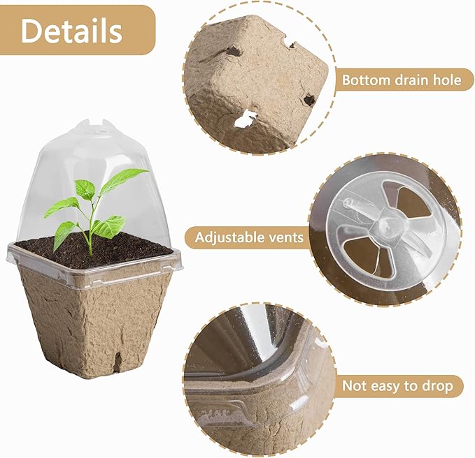 PURPLE STAR 1N 20 Pcs Biodegradable Nursery Pots with Humidity Dome- 2.3 Inch Square Seeding Starter Pot for Planting- Peat Pots for Seedlings Garden Vegetable Flower Germination
