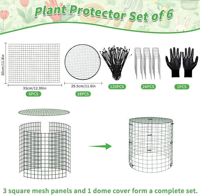 6 Pack Dark Green Plant Protectors, 11.8×11.8in Round Garden Fence Cages with Lid, Keep Rabbits, Squirrels & Pets Away, Includes Stakes, Zip Ties & Gloves for Easy Setup