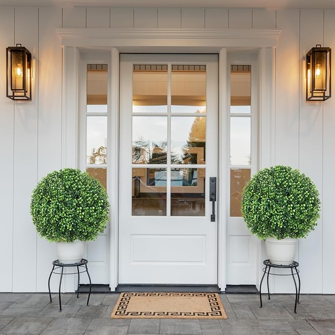 25.6" Artificial Boxwood Topiary Ball Trees: 2 Pack Fake Shrubs with Spike – UV Resistant & Fade Resistant Faux Bushes, Evergreen Spring Artificial Plants for Outdoor Indoor Front Porch Garden